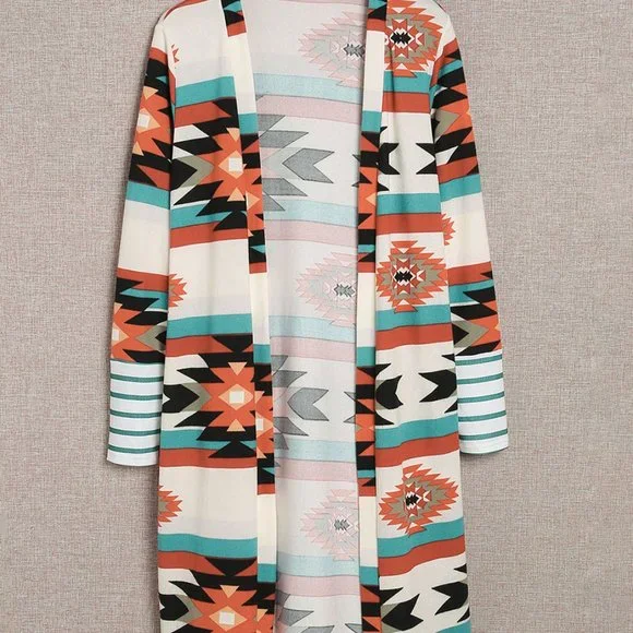 Aztec Southwest Western Multicolor Geometric Open Front Long Cardigan w/pockets - Picture 3 of 11